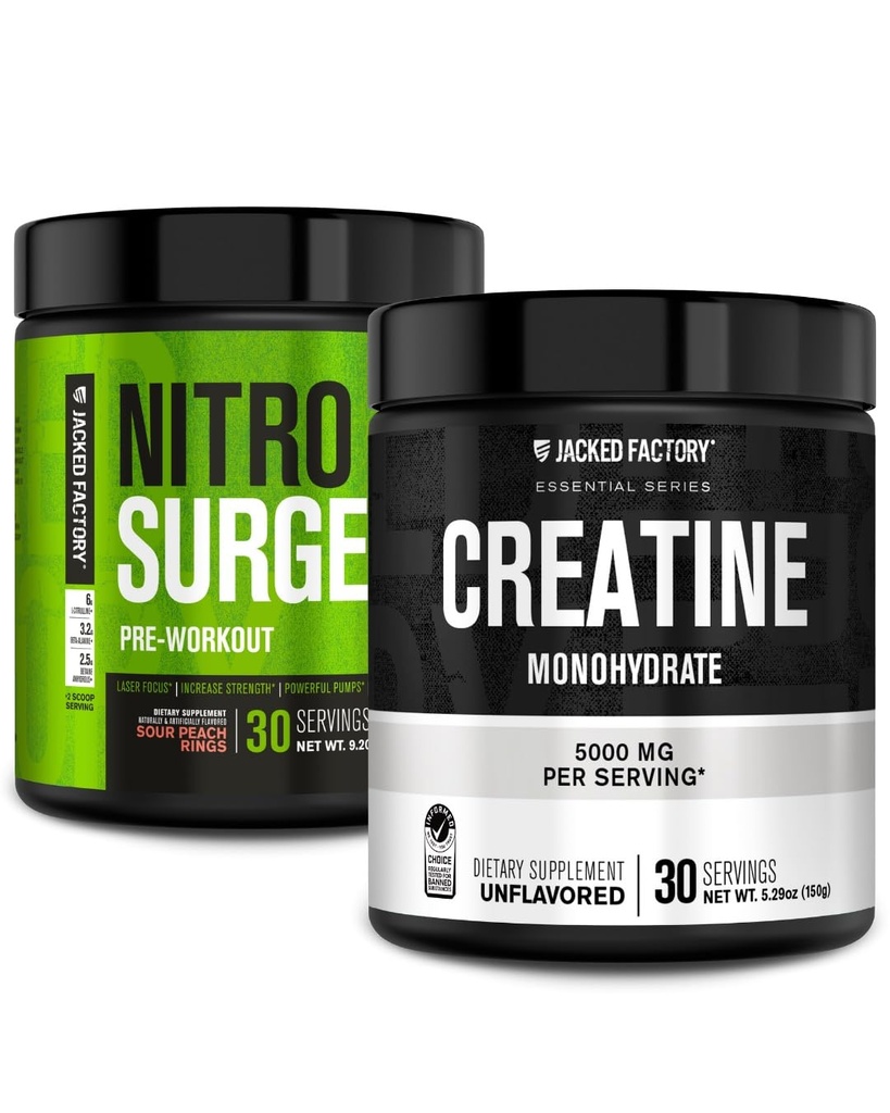 Jacked Factory NITROSURGE Pre harjoitus täydentää - Instant Strength Voitot & Intense Pumps (30 tarjoilua, Sour persikkarenkaat) & Creatiini Monohydraatti lihasten kasvua (30 tarjoilua, makuamaton)