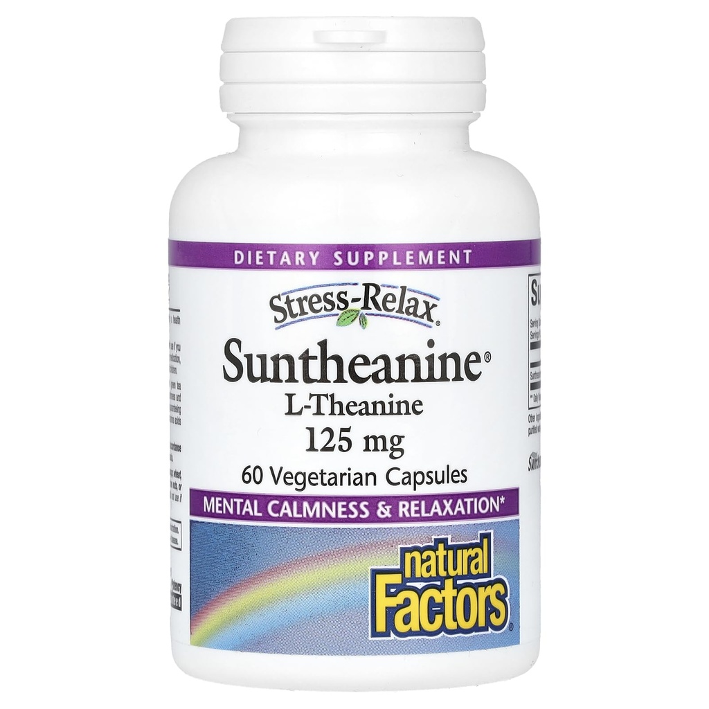 Naturfaktorer Stress-Relax Suntheanine L-Theanine 125 mg, icke-drowsy Stress Support för mental lugn och avkoppling, 60 kapslar