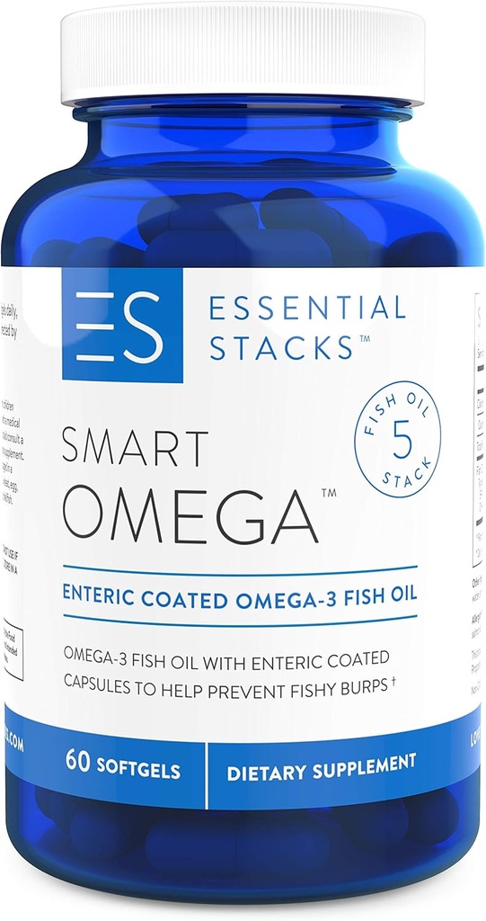 Essential Stacks Smart Omega 3 - Burpless Fish Oil - 1400mg EPA DHA Per Servering, Enteric Coated (60 kapslar)