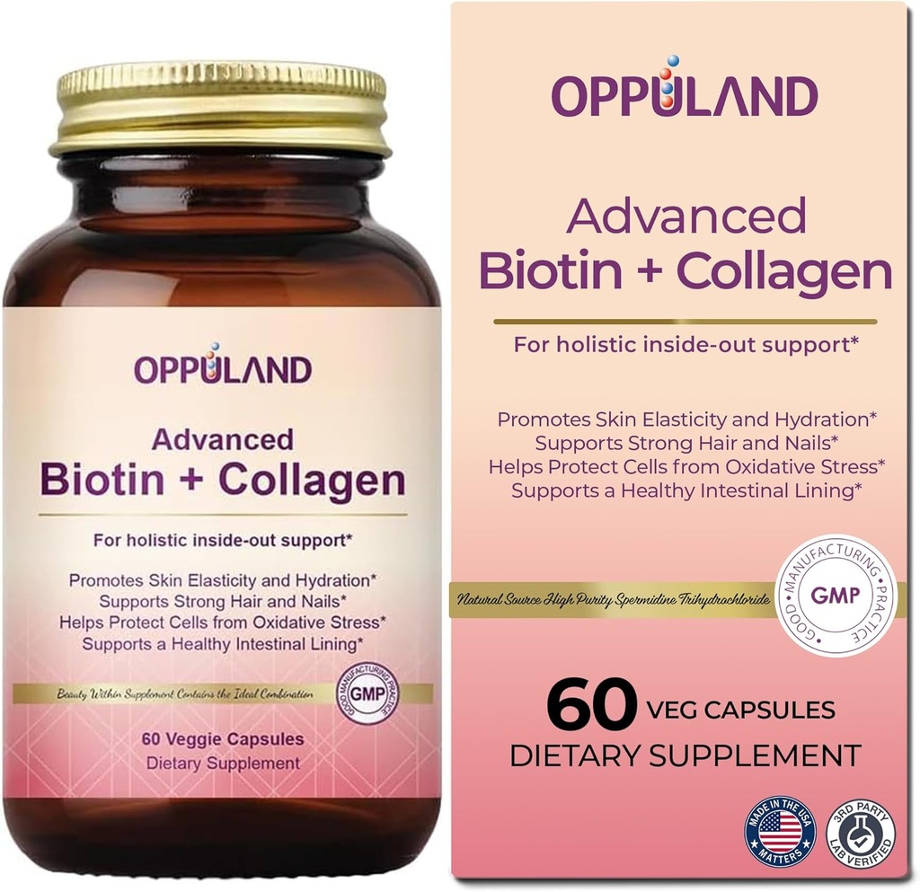 Biotiini ja kollageeni lisäravinteet-Biotin 5000 mikrog + Collagen naisten tukea vahvat hiukset, kynnet & terve iho-60 kasviskapselit