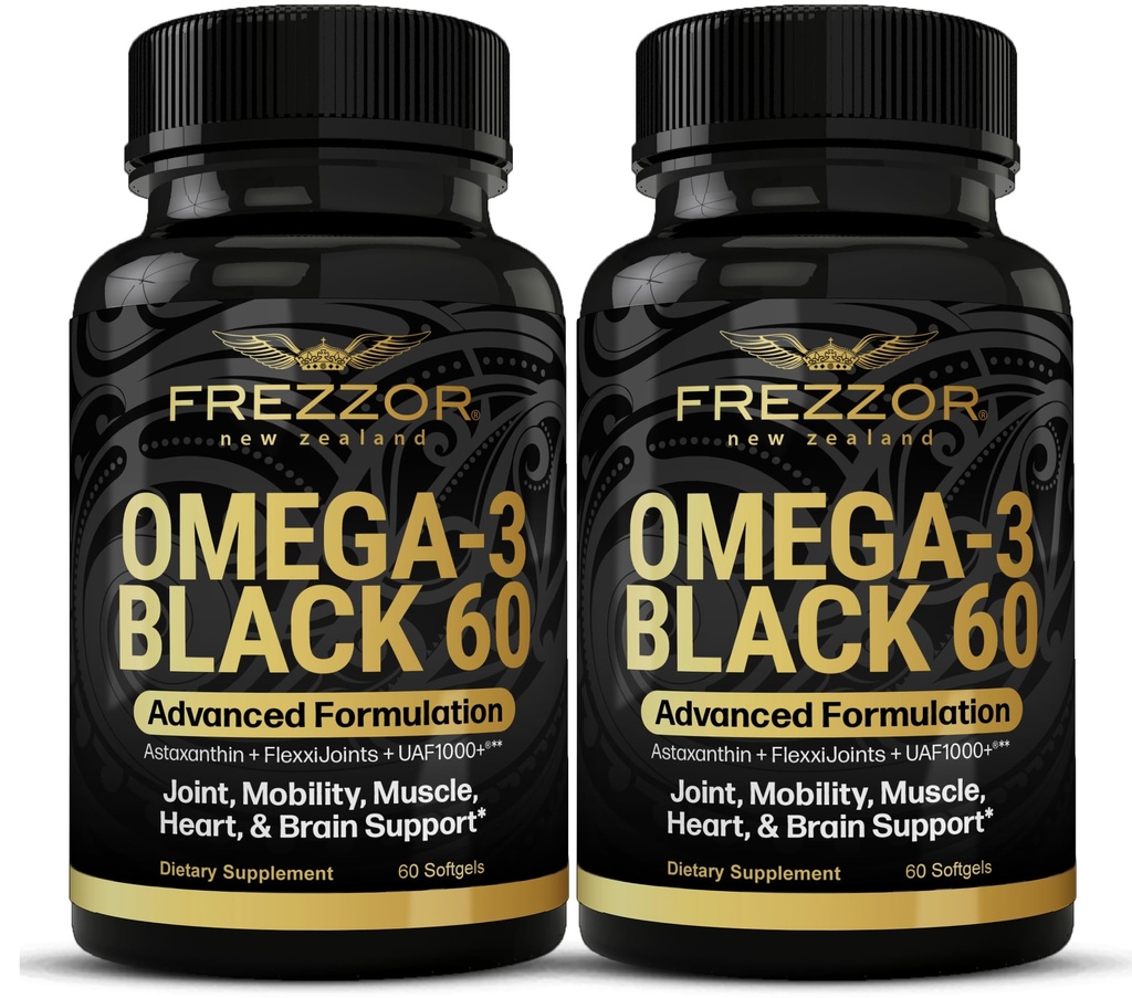 FREZZOR Omega 3 Black for Joint Care & Comfort - Uusi-Seelanti Green Lipped Mussel Oil Kapselit; 53x Korkeampi Potenssi UAF1000+ Super antioksidantti, Ei Fishy Jälkimaku, 60 Luku (Pakkaus 2)