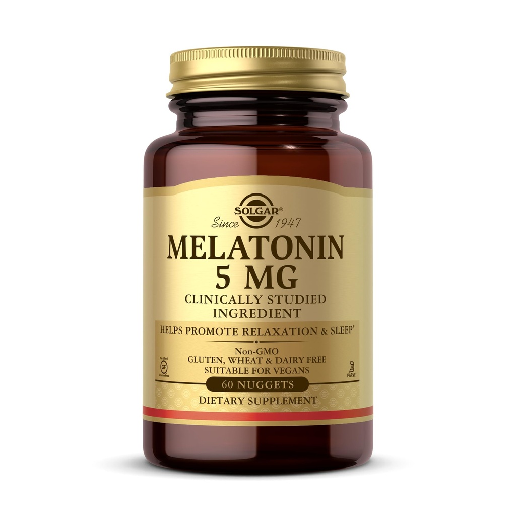 Solgar Melatoniini 5 mg, 60 Nuggets - auttaa edistämään rentoutumista ja lepoa - Kliinisesti tutkittu melatoniini - Vegaani, gluteeniton, maitotuotteeton, Kosher - 60 tarjoilua