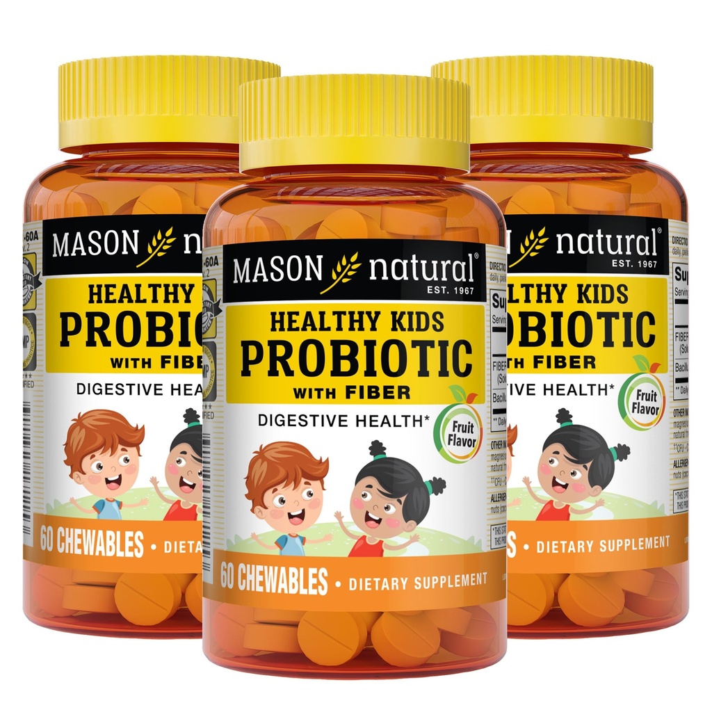 MASON NATURAL Healthy Kids Probiotic med fiber - Hälsosam matsmältningsfunktion, förbättrad tarmhälsa, 60 Chewables (Pack of 3)