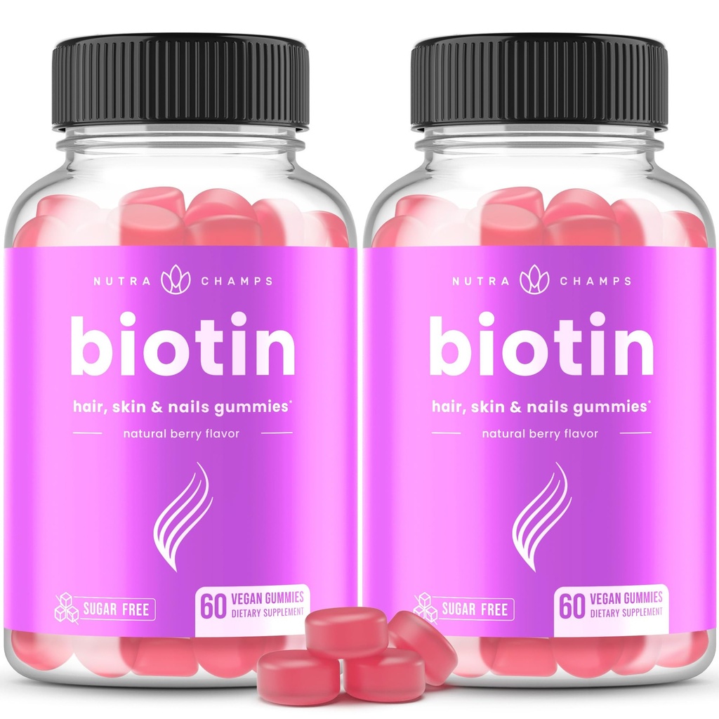 NutraChamps Sugar Free Biotin Gummies 10000mcg [High Potency] - Hälsosamt hår, hud och naglar för kvinnor, män och barn - 5000mcg i varje Gummy - Vegan Hår Hälsa Vitaminer Supplement - Raspberry (2-Pack)
