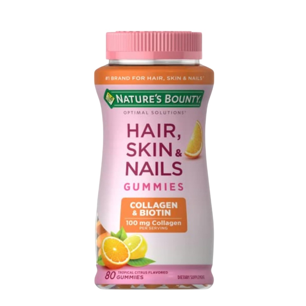Nature's Bounty Optimal Solutions Hiukset, iho & kynnet Biotiini ja Collagen, Citrus-Flavored Gummies Vitamiini Supplement, 2500 mikrog, 80 Ct, 40 Yhteensä