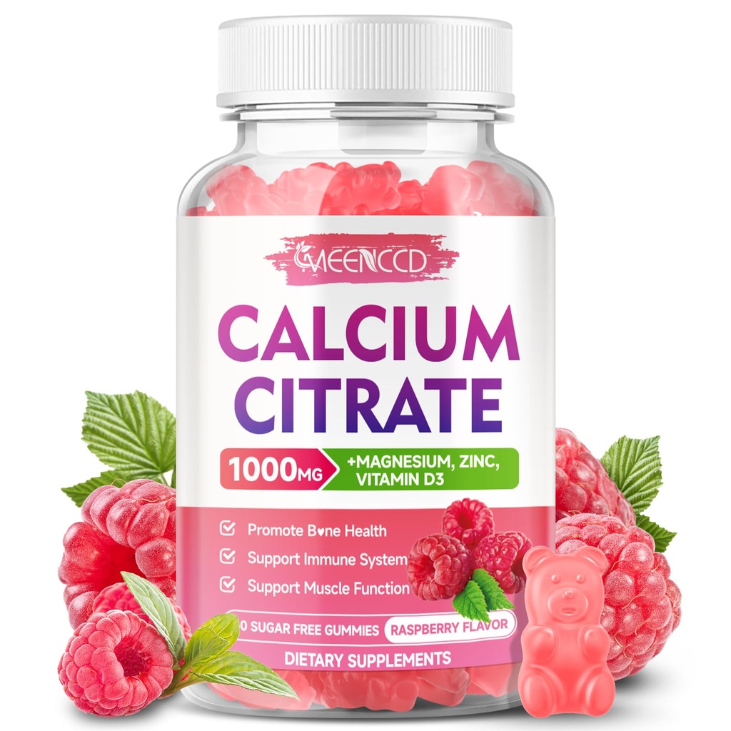 Calcium Citrate Gummies 1000mg w/Vitamin D3, High Absorption Calcium Supplement för kvinnor och män, Plus Magnesium, Kalcium, Zink för Muscle & Immune, Sugar-Free, Raspberry Flavor, 60 Count