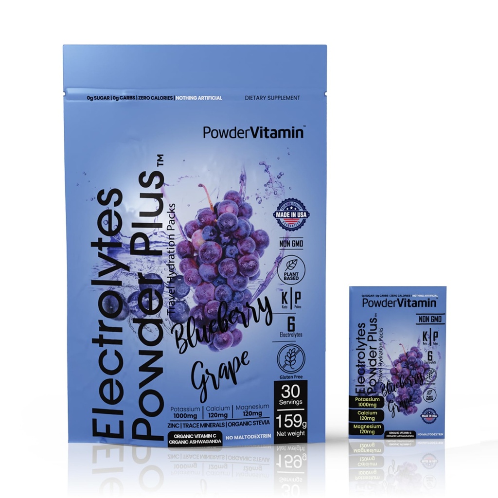 PowderVitamin Elektrolytes Powder Plus, Keto, Blueberry Grape, Zero Sugar, 1000 mg Kalium, 120 mg Kalsium, 120 mg Magnesium, ei-GMO, Zero Calories, 30 Hydration Packets