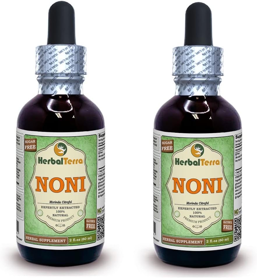 Noni (Morinda Citrofol) Glyseriitti, Luomukuivatut hedelmät Alkoholiton nesteuute (Brandin nimi: HerbalTerra, ylpeästi valmistettu Yhdysvalloissa) 2x2 fl.oz (2x60 ml)