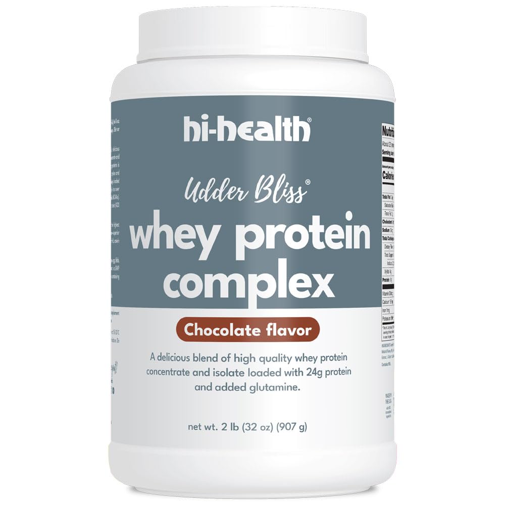 Hi-Health Udder Bliss Whey Protein Complex Powder, Blend of Bio available Whey Protein Concentrate and Isolate with Added Glutamiini, Chocolate (2 punta)