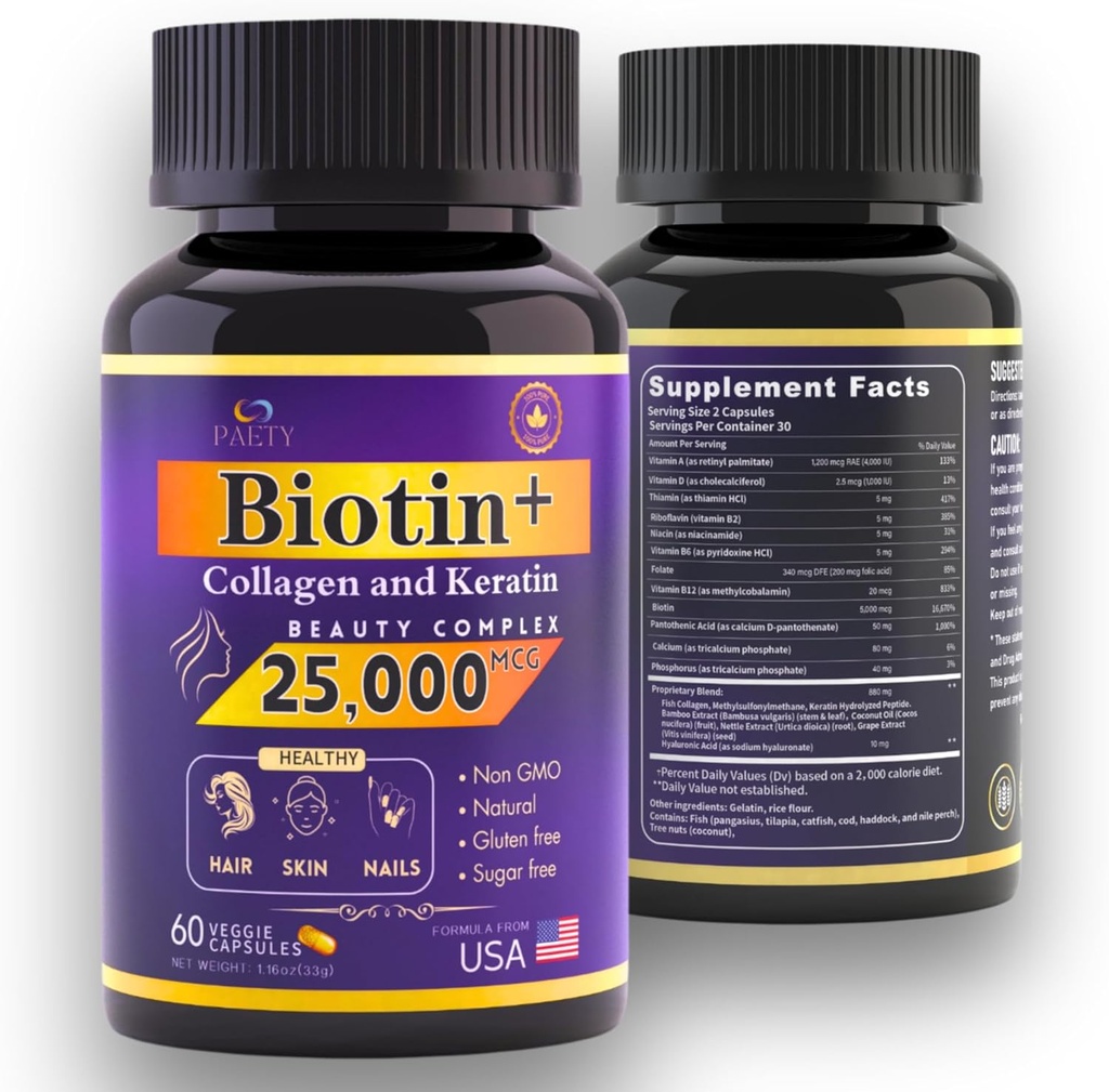Revitalisera din skönhet! Biotin, Collagen & Keratin Complex - 25 000 mcg med Hyaluronic Acid & B Vitaminer - Kliniskt testad för Lush Hair, Radiant Skin, Strong Nails - 60 kapslar
