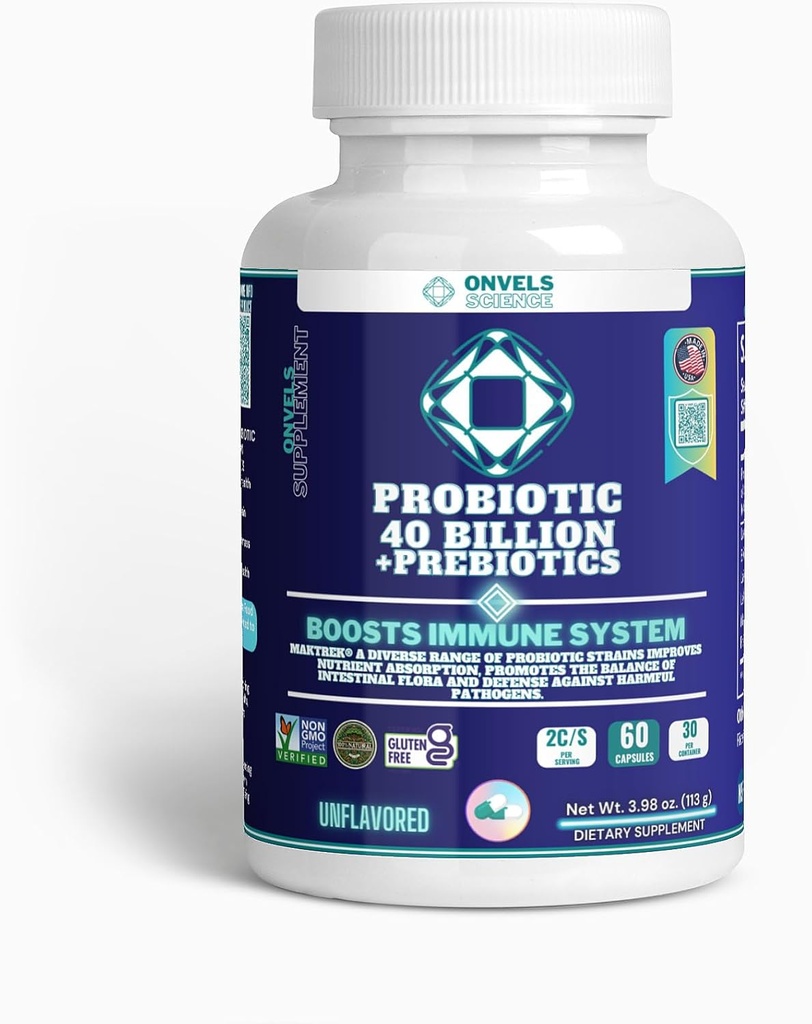 Probiootti 40 miljardia + Prebiootit MAKTREK® ... Tehostaa immuunitoimintaa ja ruoansulatusta, BOOSTS Immuunijärjestelmä - tukee satunnaista ummetusta, ripulia, kaasua ja turvotusta - naisille ja miehille