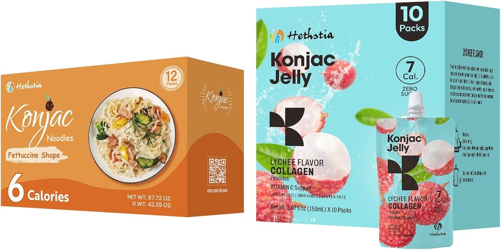 Hethstia Konjac Jelly Lychee Flavor with Collagen Peptides 10 Packs and Konjac Fettuccine Gluten Free 12 Packs Low Calorie, Keto, Sokeriton, Terveellinen Ruoka