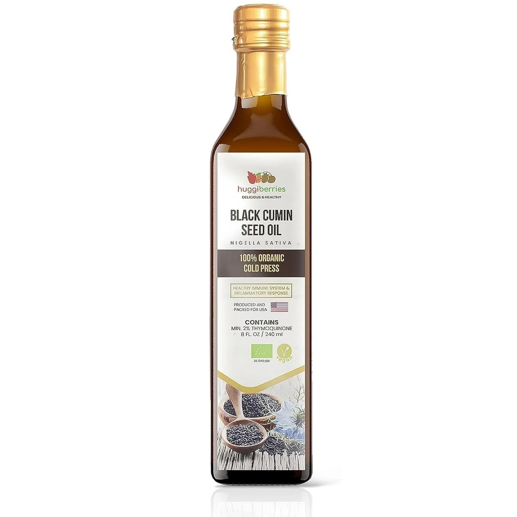 Huggimarjat Organic Black Seed Oil Liquid - Glas pullo - Gluteeniton öljy salaatteja, Dips, Dressings, kasviksia - Cold Pressed Turkin Cumin, Rich in Thymokinon Immuniteetti täydennysosa - 8 fl.oz./250ml