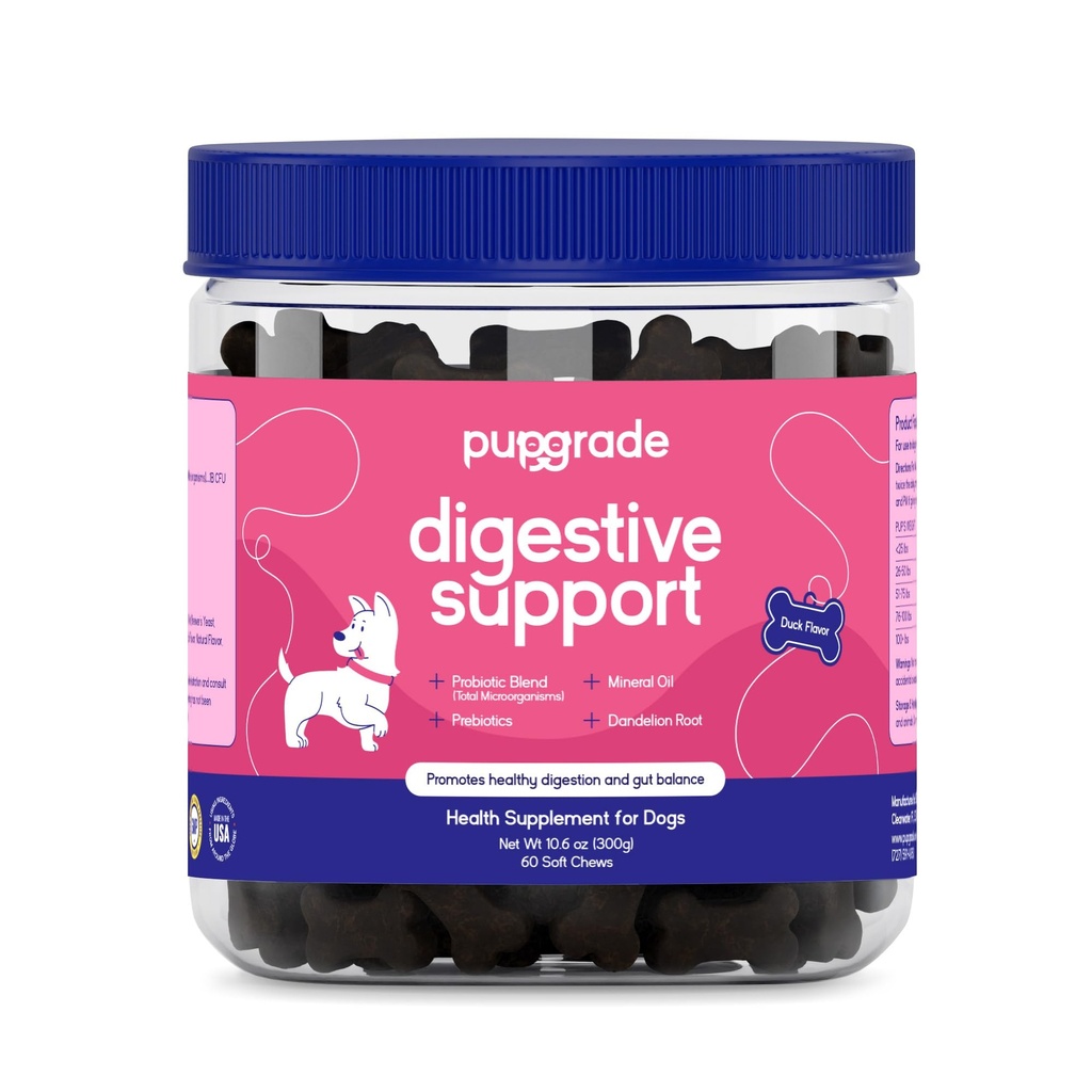 PupGrade Digestive Support Chews for Dogs - Prebiotic and Probiotic Supplement with Enzyme Blend - Upset Stomach, Diarrhea, Bowel och Immune Support - Pumpkin, Blueberry, Mineral Oil - 60 Soft Chews