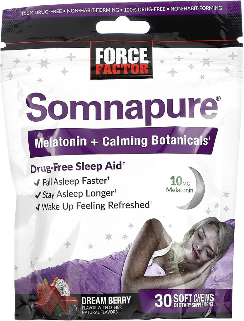 FORCE FACTOR Somnapure Soft Chews 10 mg Melatoniini, L-Theanine, Kamomilla, Lemon Balm, Dream Berry Flavor, 30 pehmeää Chews