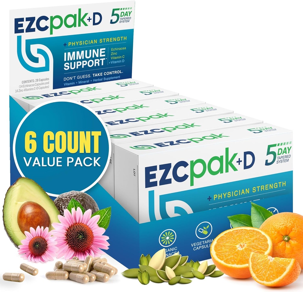 EZC Pak 5-Day Immunomy System Booster Echinacea, C-vitamiinia, Sinkkiä ja D-vitamiinia - Taped Immunosupport täydentää aikuisille - Tukee immuniteetteja, helppo matka-kokoinen täydentää Pack - (paketti 6)
