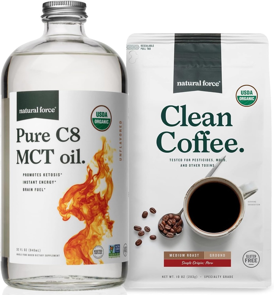 Natural Force Organic Ground Clean Coffee + Organic Pure C8 MCT Oil Bundle . 100% C8 MCTs & Mold & Mycotoxine Free Coffee ...