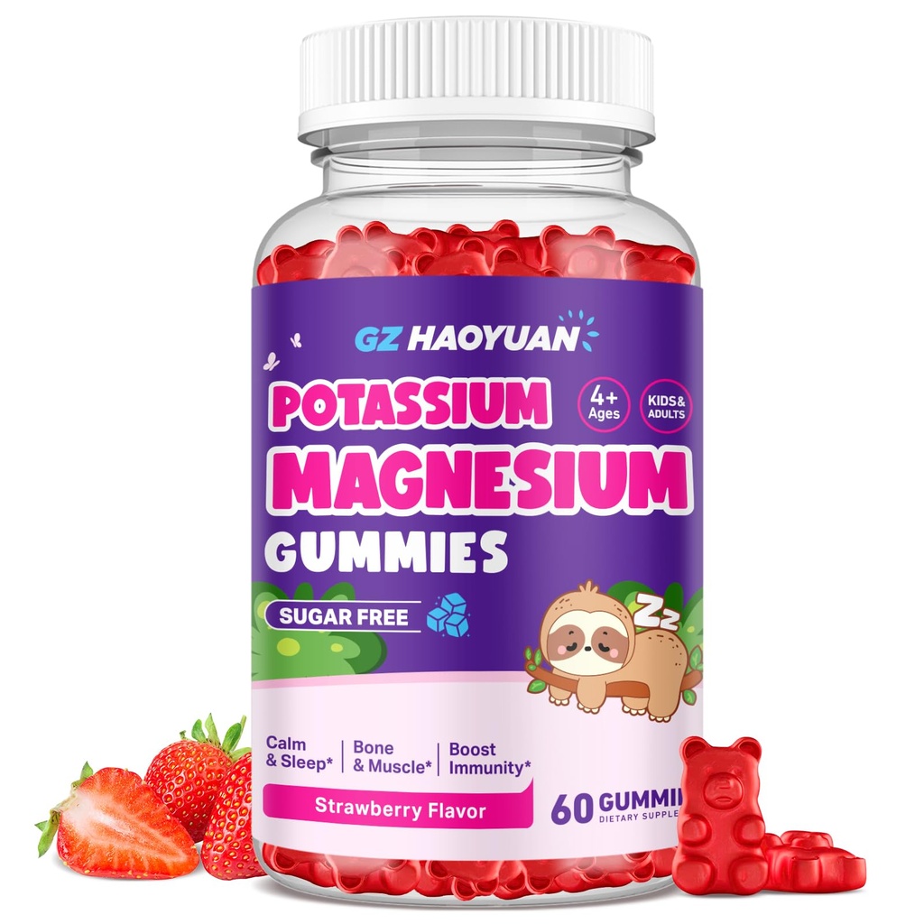 Magnesium Gummies for Kids - Magnesium Glycinate Gummies with D3-vitamiini, B6, Kalium & Ashwagandha, Magnesium lapsille ja aikuisille Rentoutuminen, uni, aivot & luun terveys - Vegaani mansikka 60ct