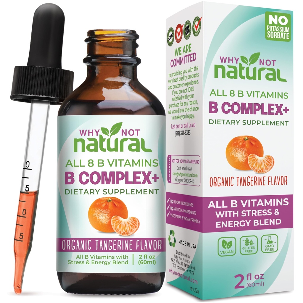 Varför inte naturliga vitamin B-komplex flytande droppar - Kosttillskott för kvinnor - Vegan och sublinguella former av B1 B2 B3 B5 B6 Biotin folat och kolin - Plus Blend för energistöd