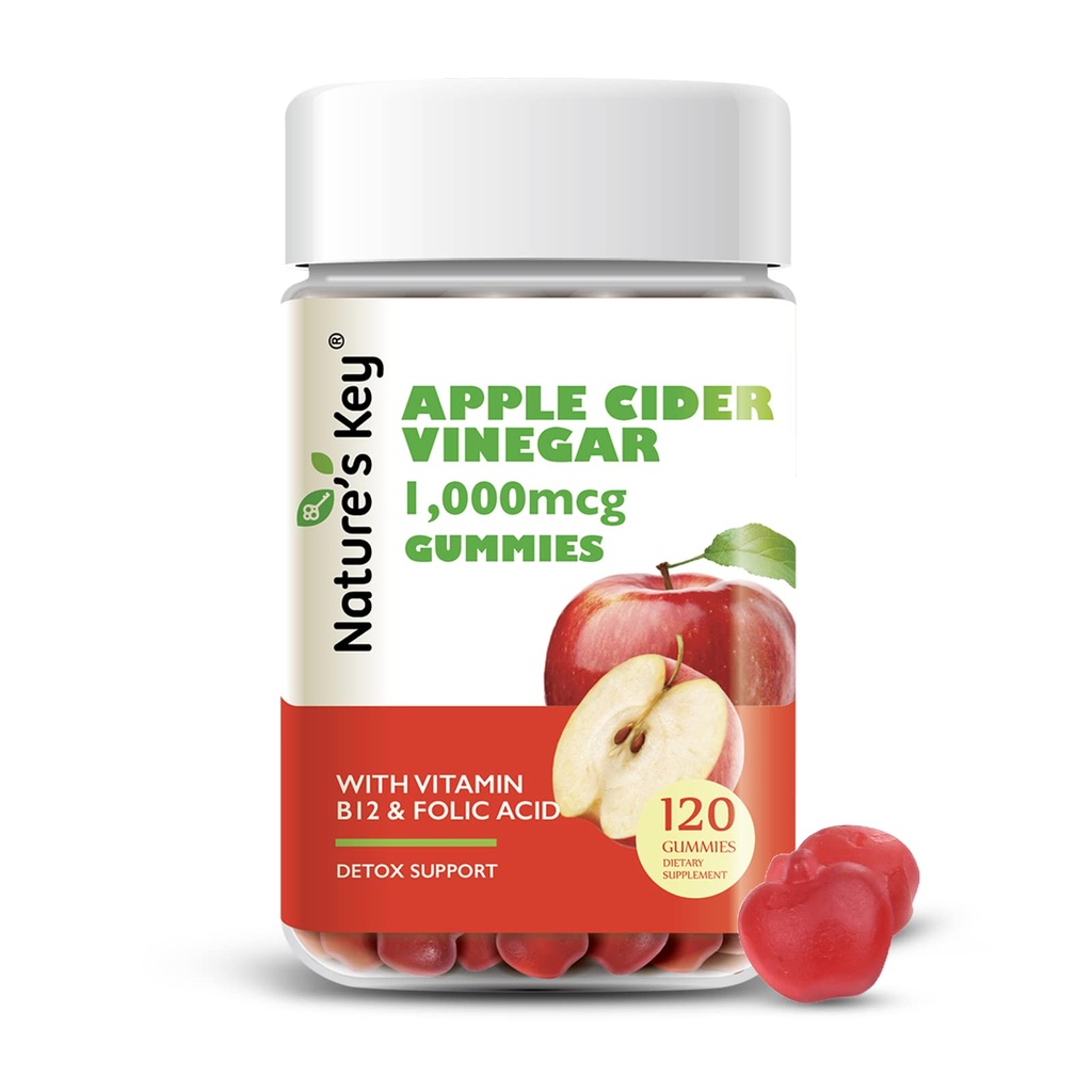 Nature's Key Apple Siider Viinietikka 120 Count ACV Gummy Folic-vitamiini B6 B12 Beetroot & Pomegranaatti - Vegaani, ei-GMO & Gluteenittomat