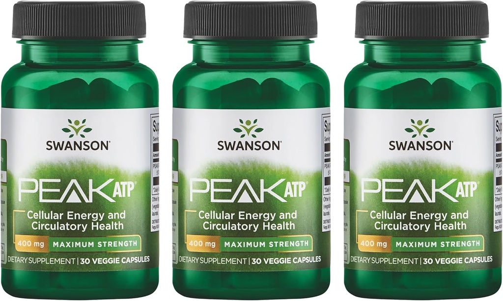 Swanson Maximum Strength Peak ATP-Natural Supplement Främja Cellular Energy Support-Supports Physical Performance och främjar hälsosamt blodflöde Support-(30 Veggie Capsules, 400mg Varje) 3 Pack