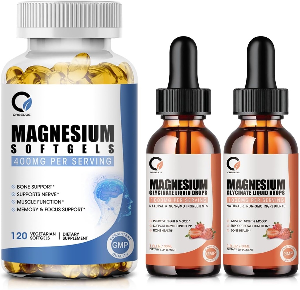 Magnesium Glycinate Drops & Magnesium Glycinate 400 mg Softgels for men & women, Support Energy, Night, Muscle & Joint Function, non-GMO, Vegan