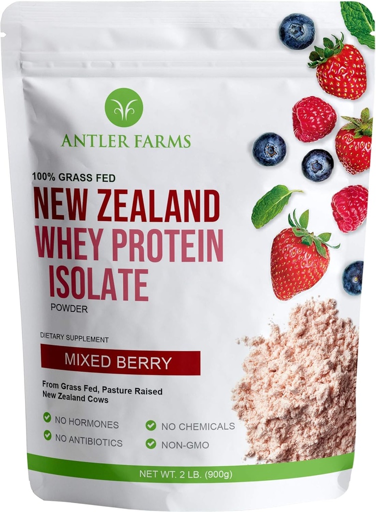 Antler Farms - 100% Grass Fed Nya Zeeland Whey Protein Isolate, Mixed Berry Flavor, 30 Servings, 2 lbs - Utsökt, kallbearbetad, snabbt Absorberad, Keto Friendly, NO-Hormones, NO-GMOs