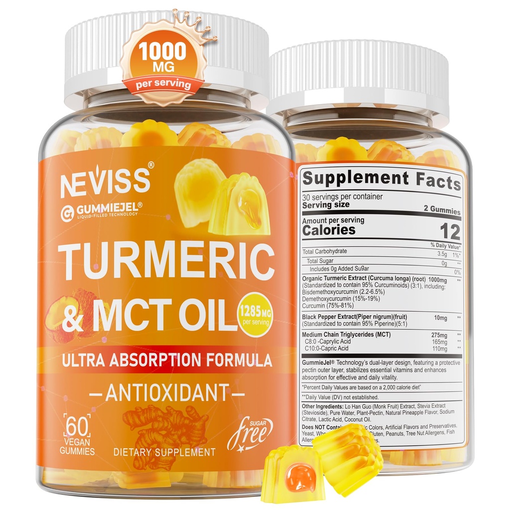 Turmeric Gummies 1000 mg w/MCT Oil C8 C10, Organic Antioksidantti, Turmeeric Curcumin täydentää Black Pepper Extract, Tuki Mukavuus, Boost Energy, Ultra Imeytyminen, Sokeriton, 60 Cts