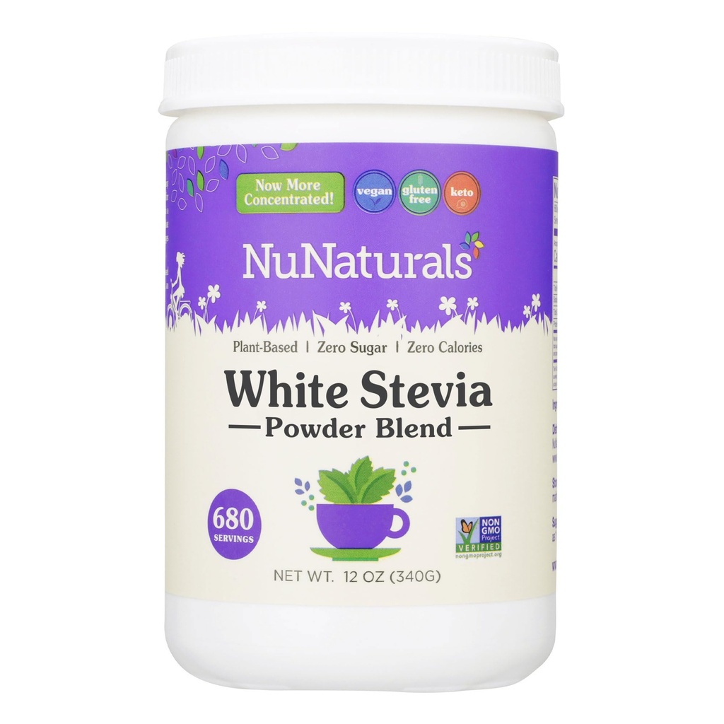 NuNaturals White Stevia Powder Blend, Plant-Baseed Sugar Varajäsen, Zero Calorie Sweetener, 12 oz