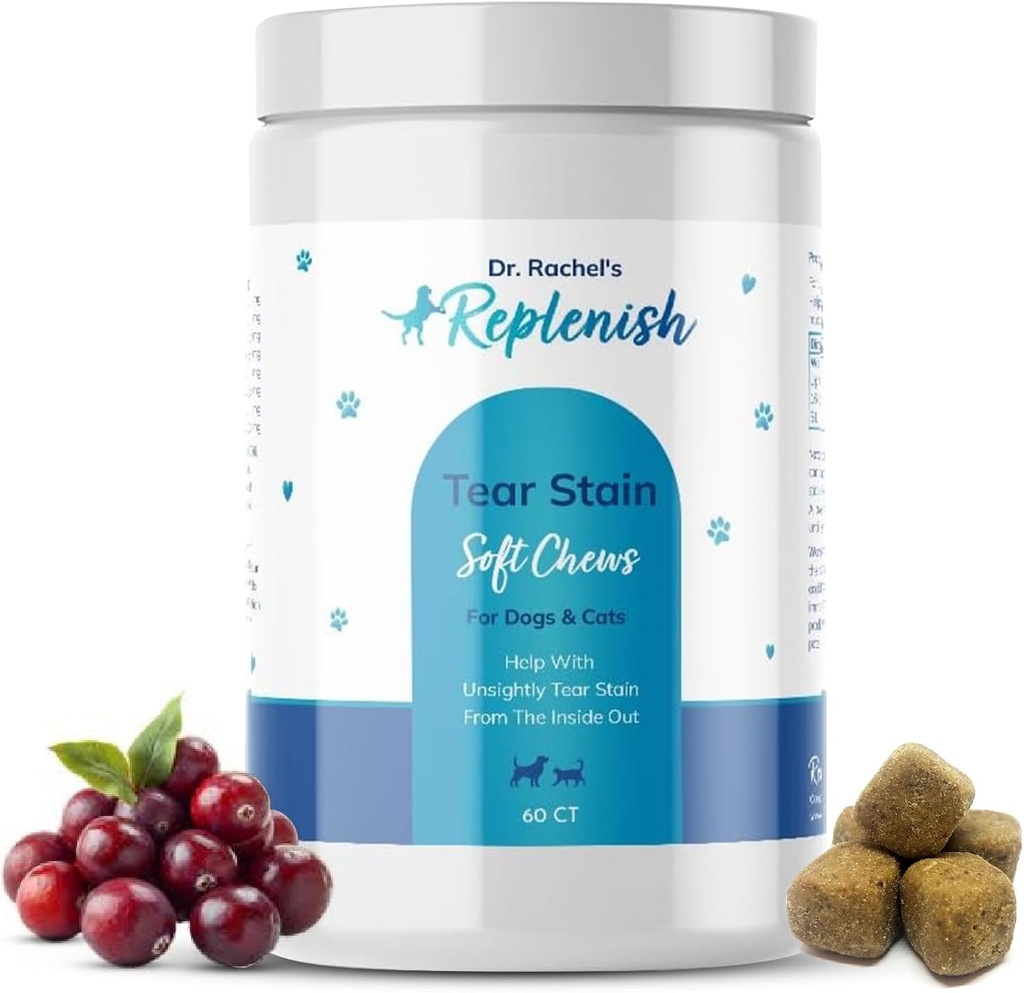 Replenish Tear Stain Chews för hundar och katter - Dr Rachel's Tear Stain Remover för hundar - Dog Eye Tear Stain Remover - Tear Stain Supplement för hundar - Natural Tear Stain Soft Chews - 60 Count