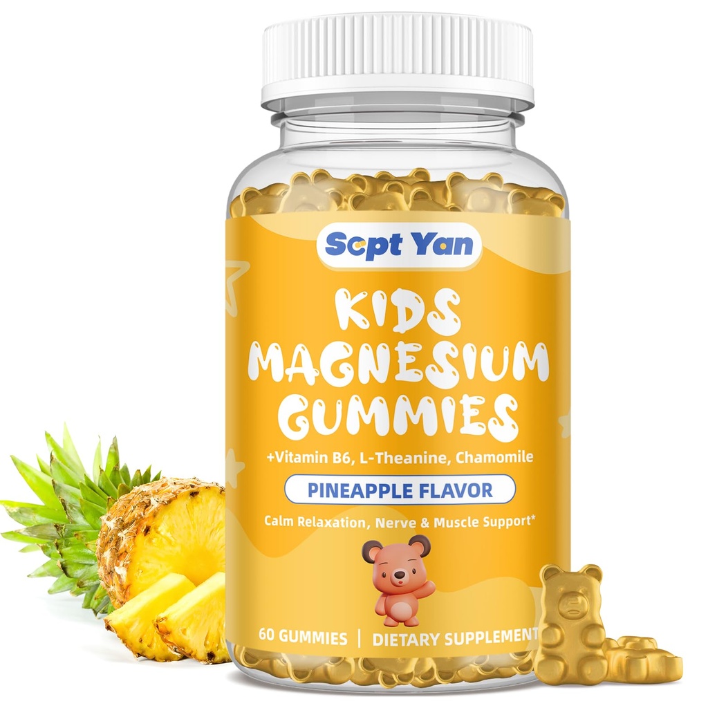 Magnesium Gummies för barn - Magnesium Citrate Supplement med vitamin B6, L-theanin, Chamomile & Lemon Balm - Calm Magnesium för barn och vuxna sova, avkoppling, ananas smak 60 Gummies