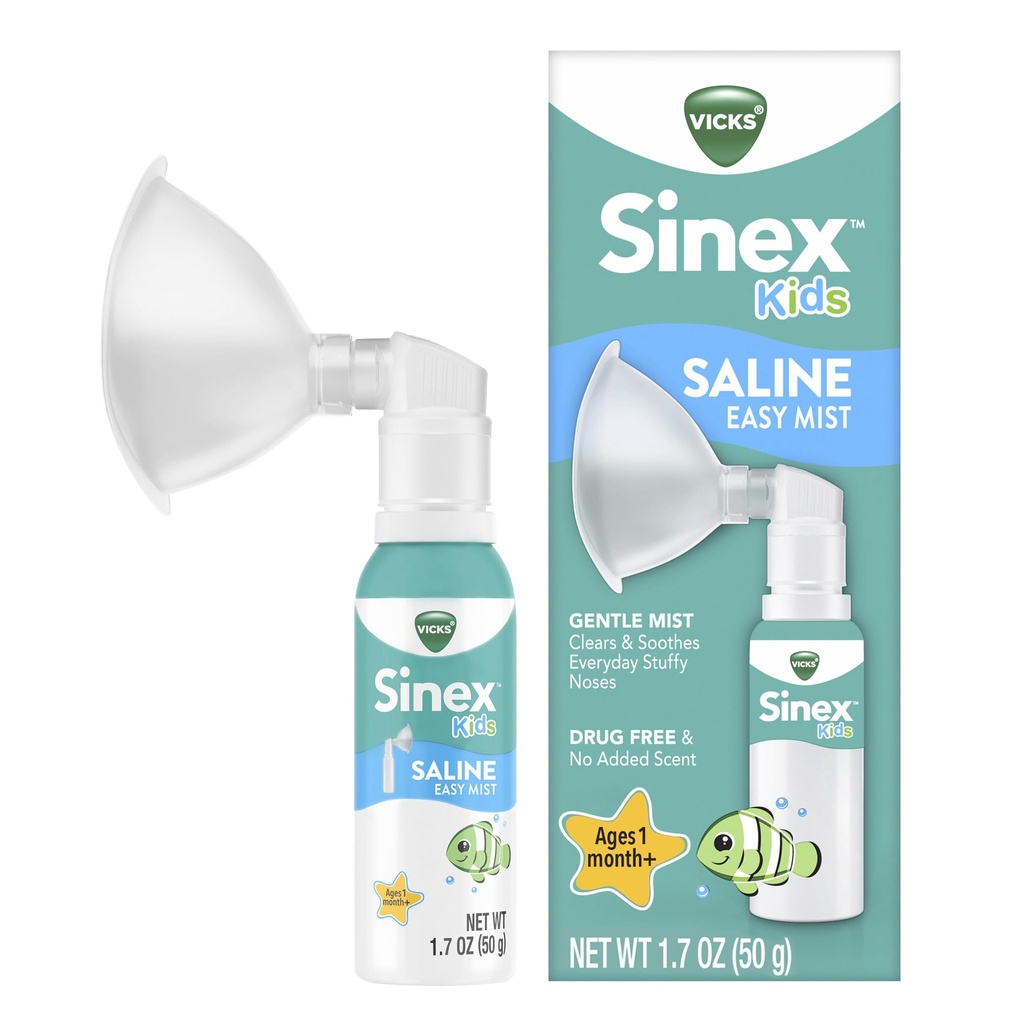 Vicks Sinex Kids Saline Easy Mist, Drug Free Saline, Ikä 1 kuukausi +, Hellävaraisesti tyhjentää ja rauhoittaa Everyday Stuffy nenät, turvallinen päiväkäyttöön, 1,7 OZ