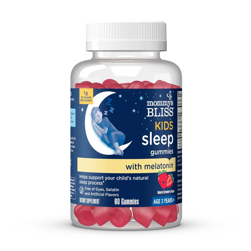 Äidin Bliss Kids Sleep Melatoniini Gummies, Ei keinotekoisia värejä, makuja tai liivate, mansikka maku Lasten melatoniini Gummies, ikä 3+, 60