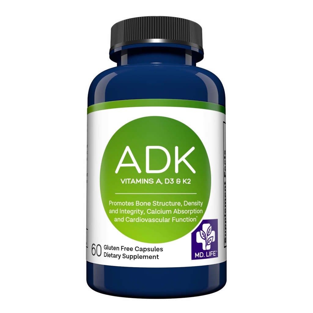 MD.LIFE ADK-vitamiini täydentää D3-vitamiinia K2 ja Complex 60 kapselia