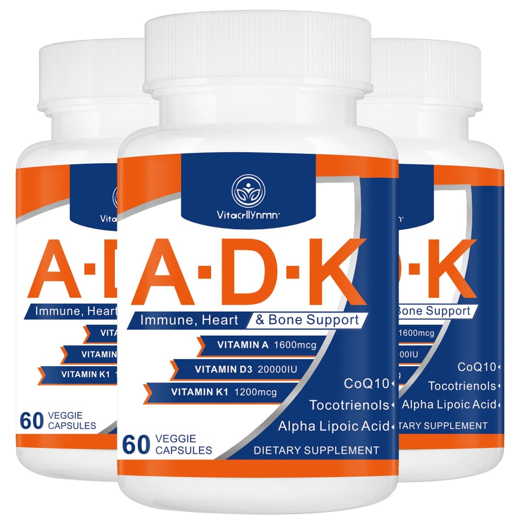 ADK Vitamin Supplement 20000 IE - High Potency Vitamins A, D3 och K1 för hjärta, benhälsa och immunstöd Vitamin ADK 180 kapslar