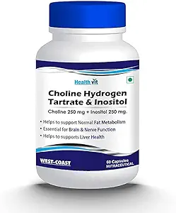 Choline Hydrogen Tartrate 250mg & Inositol 250 Mg - 60 kapslar | Energi Metabolism, Liver Health, Essential for Brain & Nerve Function - Non-GMO, Vegan, Gluten Free, Dairy Free