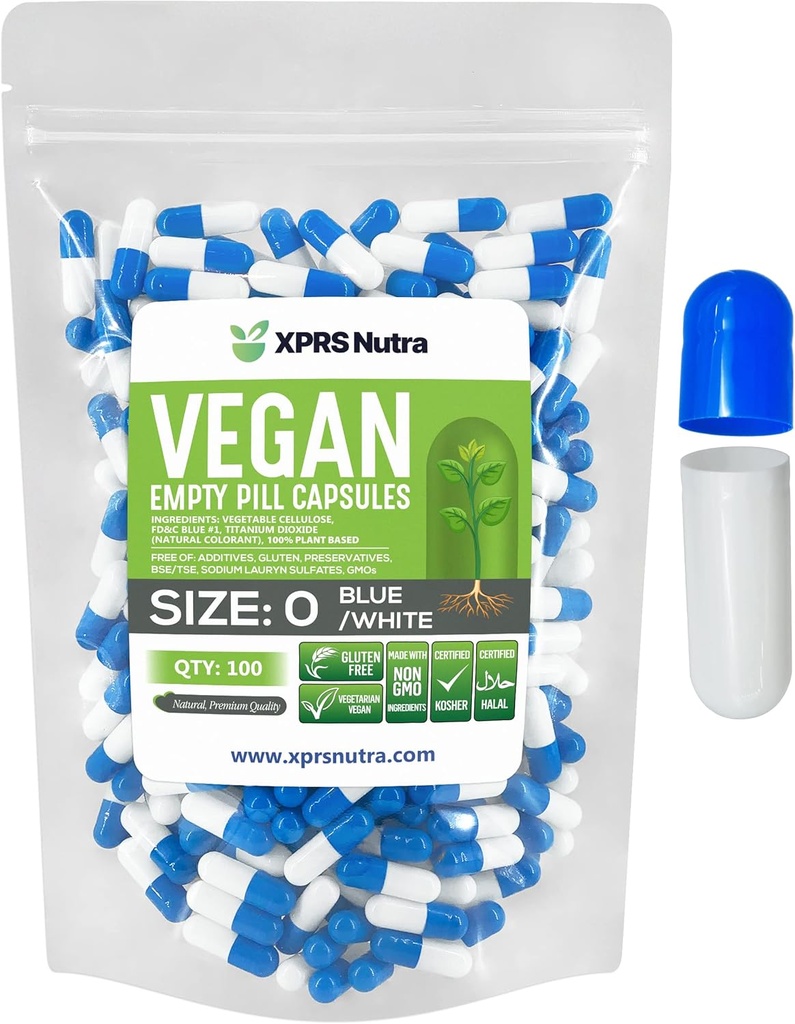 XPRS Nutra Size 0 Tomma kapslar - 100 Greve Empty Vegan kapslar - Vegetariska piller - DIY Vegetabilisk kapselfyllning - Veggie Pill Caps for Do-It-Yourself Suplements (Blå / Vit)