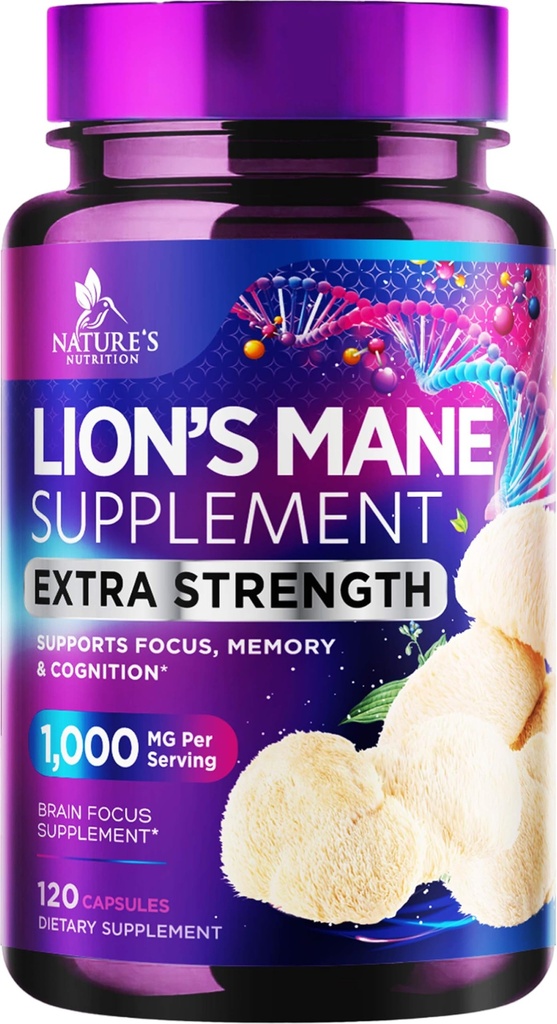Lions Mane Mushroom Kapselit 10 000 mg - Lion... Mane Supplement Kapselit muistille ja Focus Support, Aivot, Immune Health Support, Vegan, pullotettu USA, Lions Mane Mushroom Powder Extract, 120 Count