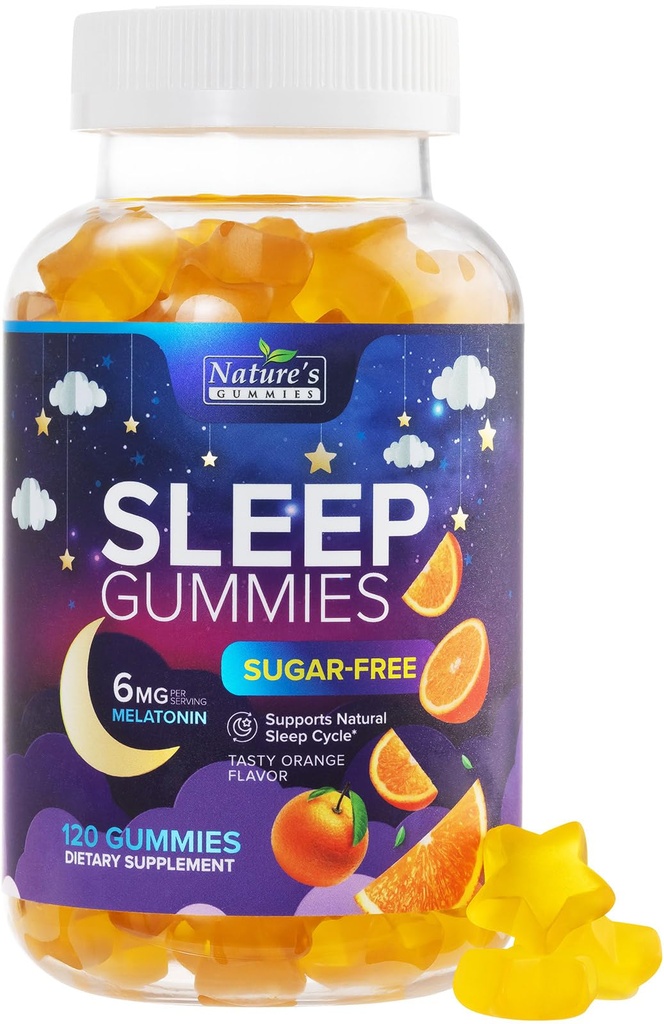 Sleep Gummies 6mg per tarjoilu - Sokeritonta melatoniinin Gummy täydentää aikuisille - Natural Nolla sokeria nukkuva Gummy aikuisille & lapsille, appelsiini maku, extra vahvuus uni tuki - 120 Gummies