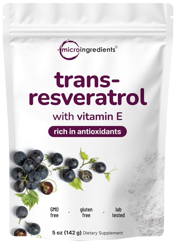 Puhdas Trans- Resveratrol-jauhe, jossa on E-vitamiinia, 5 Ounce, 2 in 1 Formula, Micronized Powder for Better Imeytyminen, Premium Resveratrol-lisä, Super Antioksidantti