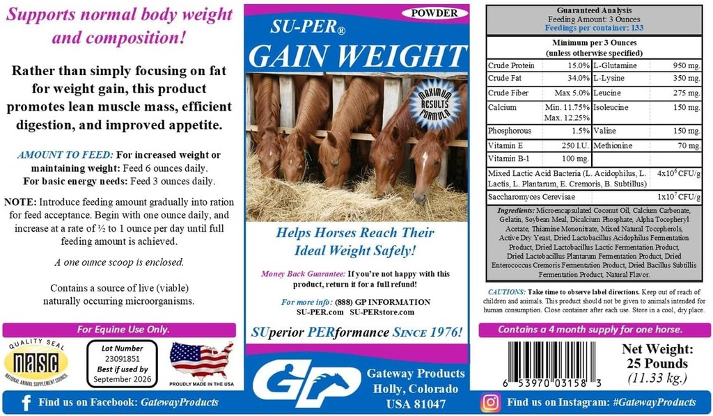 SU-PER Få vikt för hästar - Equine Supplement Weight Gainer för hästar - Främjar Lean Muscle Mass, Digestion & Appetite - 25 pund, 4 månaders leverans