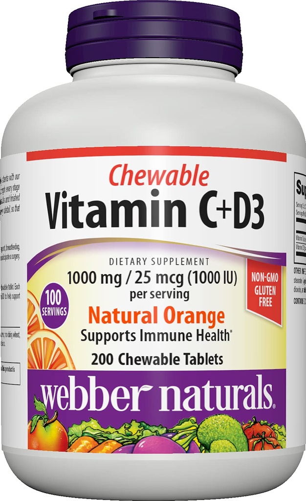 Webber Naturals C+D3, 200 purutablettia, 1000 mg C-vitamiinia ja 1000 IU D3-vitamiinia per serving, luut, hampaat, immuuni ja antioksidantti tuki, ei-muuntogeeniset, maitotuotteet ja gluteeniton