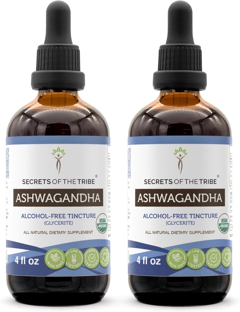 Ashwagandha Tincture Alcohol-Free Extract, USDA Organic Ashwagandha Withania Somnifera Anti-Stress och Relaxation 2x4 OZ
