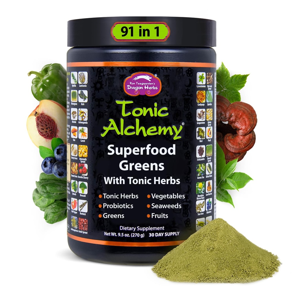 Dragon Yrtit Tonic Alchemy Superfood Vihreät Powder with 91 Ainesosat: Tonic Yrtit, Ashwagandha, Sienet, Probiootit, Super vihreät, Merilevät, Hedelmät, Vihannekset, Spirulina - 30 Tarjoilu