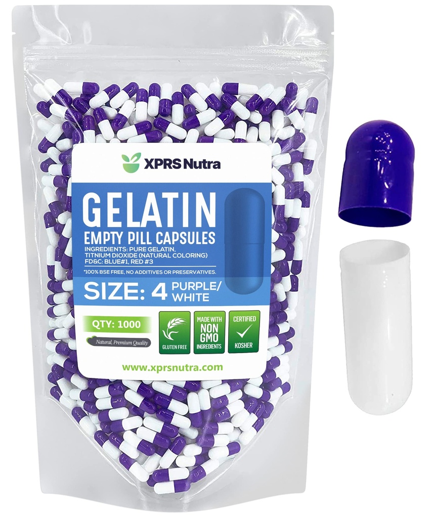 XPRS Nutra Size 4 Empty Capsules - 100 Count Small Empty Gelatin Capsules - Pills DIY Capsule Filling - Fillable Pure Bovine Pill Gel Caps för Do-It-Yourself Supplements (Purple/White)
