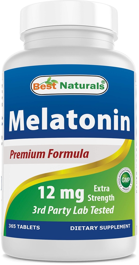 Best Naturals Melatoniini 12 mg (1 vuosi tarjonta) - Drug-free Nighttime uniapu - Melatoniini uni ja rentoutumista, 365 Count (365 Count (paketti 1))