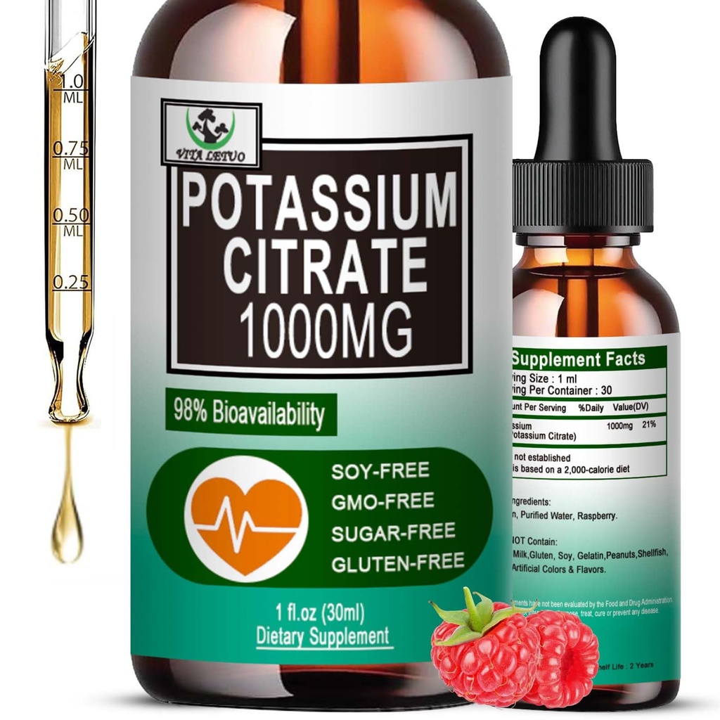 Kaliumsitraattinesteen nestepisaroita,Potassium täydentää 1000 mg nestemäistä tukea lihaskramp lievittää, sydämen terveys ja uni, korkea imeytyvä aikuisille naiset ja miehet, vegaaninen, 30 tarjoilua