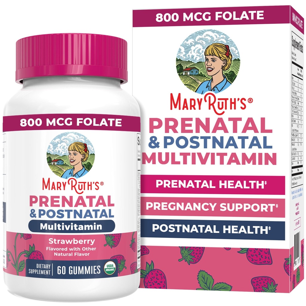MaryRuth Organics Prenatal Vitaminer för kvinnor | USDA Organic Prenatal Gummies | Postnatal Vitaminer för kvinnor Amning | Methylfolate 800 mcg DFE | Iodine | Vegan | Non GMO | 30 Servings