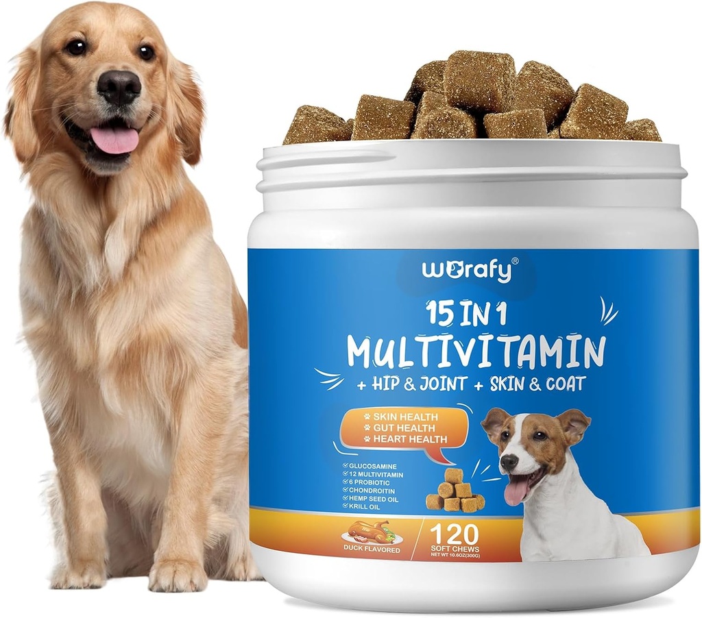 15-in-1 Dog Multivitamin lisäravinteet - koira Multivitamiini purutabletti - immuniteetti, digestio, nivel- ja sydänterveyden tuki iholle, takki sydän, immuunijärjestelmä - kaikenikäisille kaikki rodut (120 kreivit)