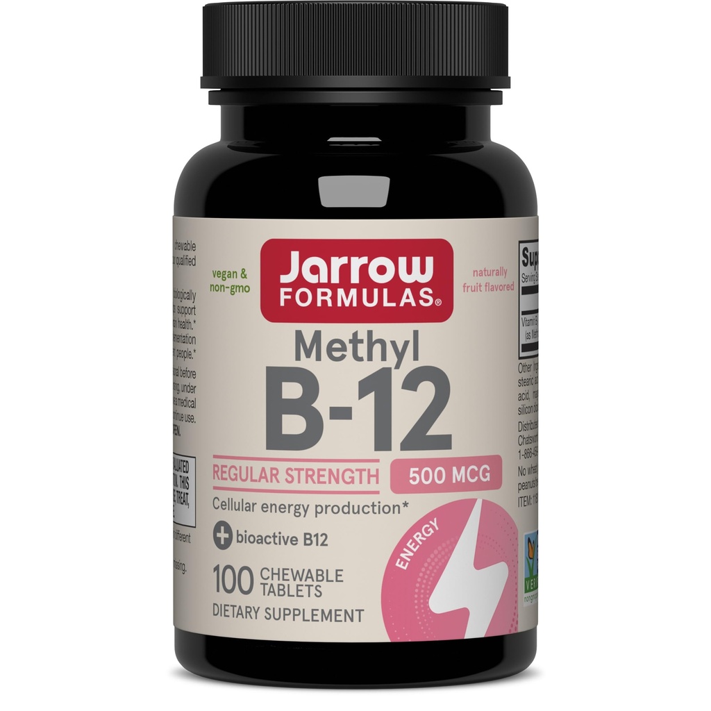 Jarow Formulas® Metyyli B-12 -tabletit, 500 mg, ravintolisä solutuotantoon ja aivojen terveystukeen, 100 Cherry Flavor purutablettia, 100 päivän toimitus